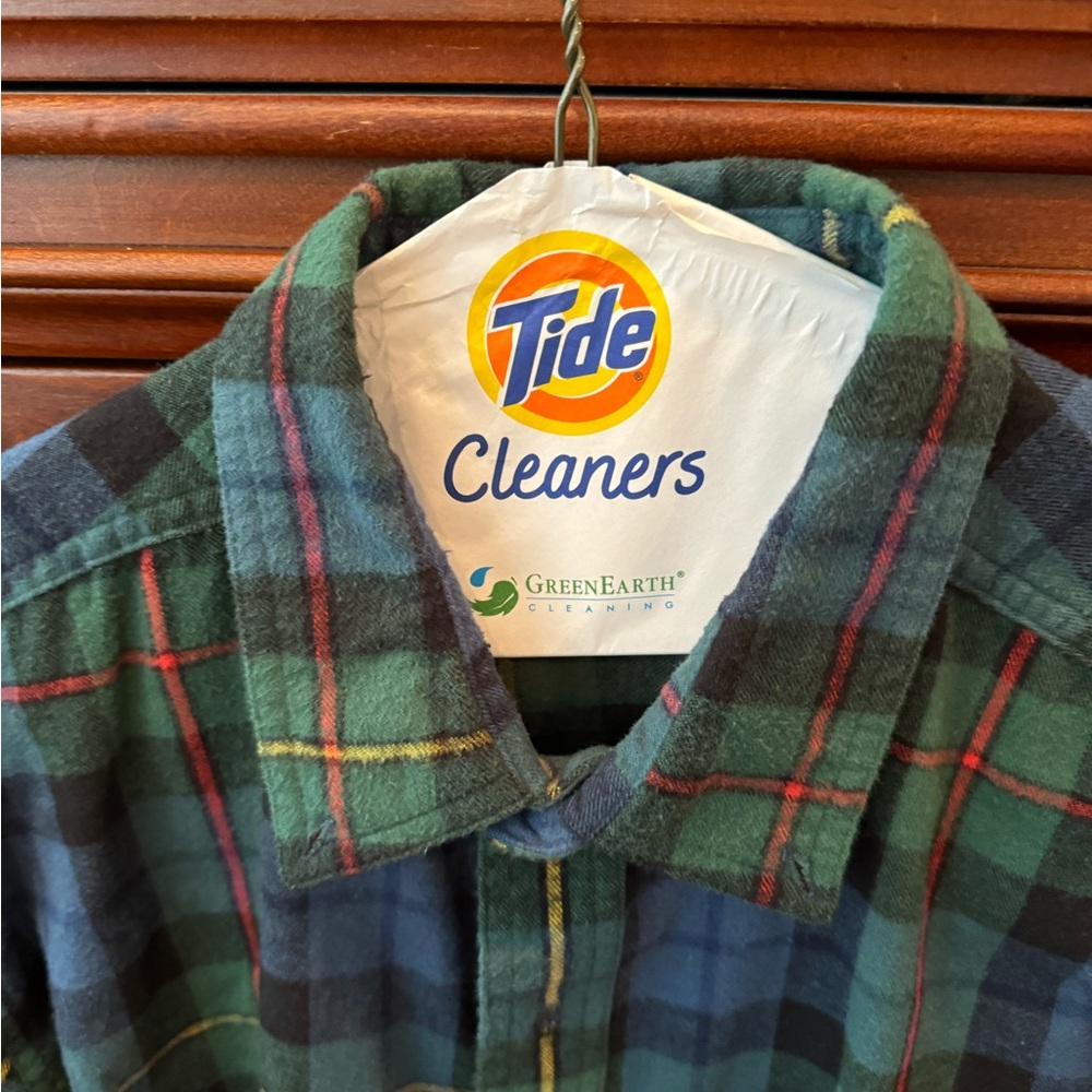 L.L. Bean button-down, cotton flannel, green/blue/black/yellow/red plaid shirt.